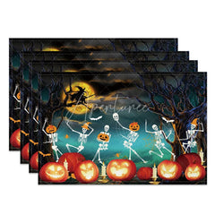 Aperturee - Aperturee Dancing Skeleton and Jack-O’-Lantern Halloween Set of 4 Placemats for Funny and Spooky Party Decor