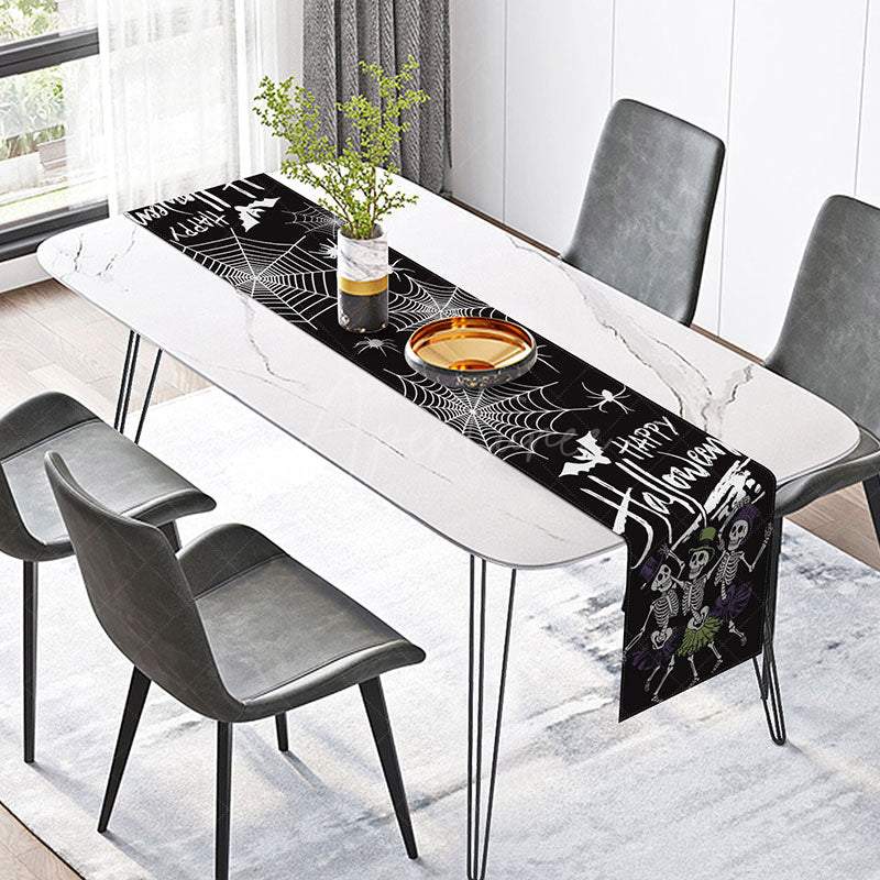 Aperturee - Aperturee Dancing Skeleton Table Runner with Spider Web for Funny and Spooky Halloween Party Decorations