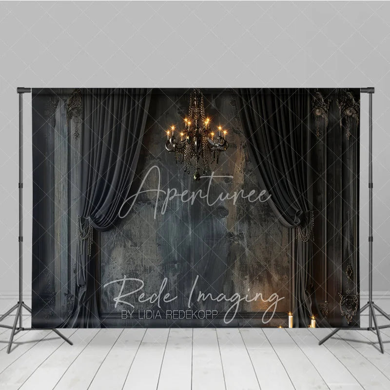 Aperturee - Aperturee Dark Abstract Texture Photography Backdrop Vintage Chandelier Black Curtains Studio Portrait Background