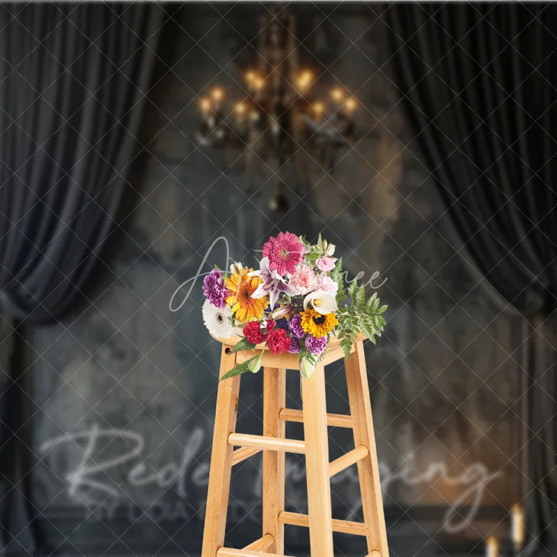 Aperturee - Aperturee Dark Abstract Texture Photography Backdrop Vintage Chandelier Black Curtains Studio Portrait Background