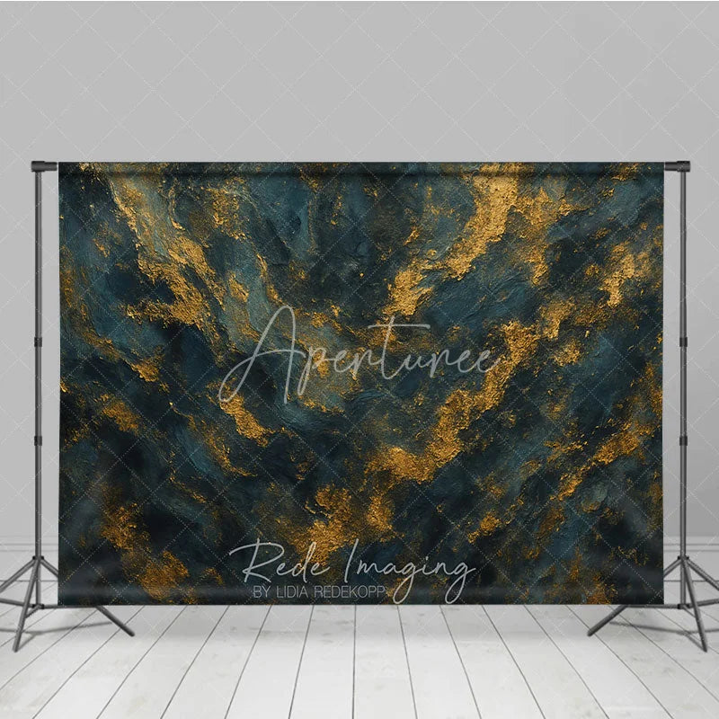 Aperturee - Aperturee Dark Blue and Gold Abstract Texture Photography Backdrop Elegant Artistic Portrait Background