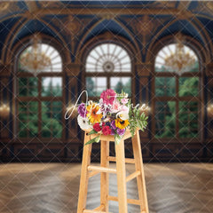 Aperturee - Aperturee Dark Blue and Gold Royal Palace Photography Backdrop with Arched Windows and Forest View Elegant Interior Decor