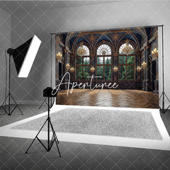 Aperturee - Aperturee Dark Blue and Gold Royal Palace Photography Backdrop with Arched Windows and Forest View Elegant Interior Decor