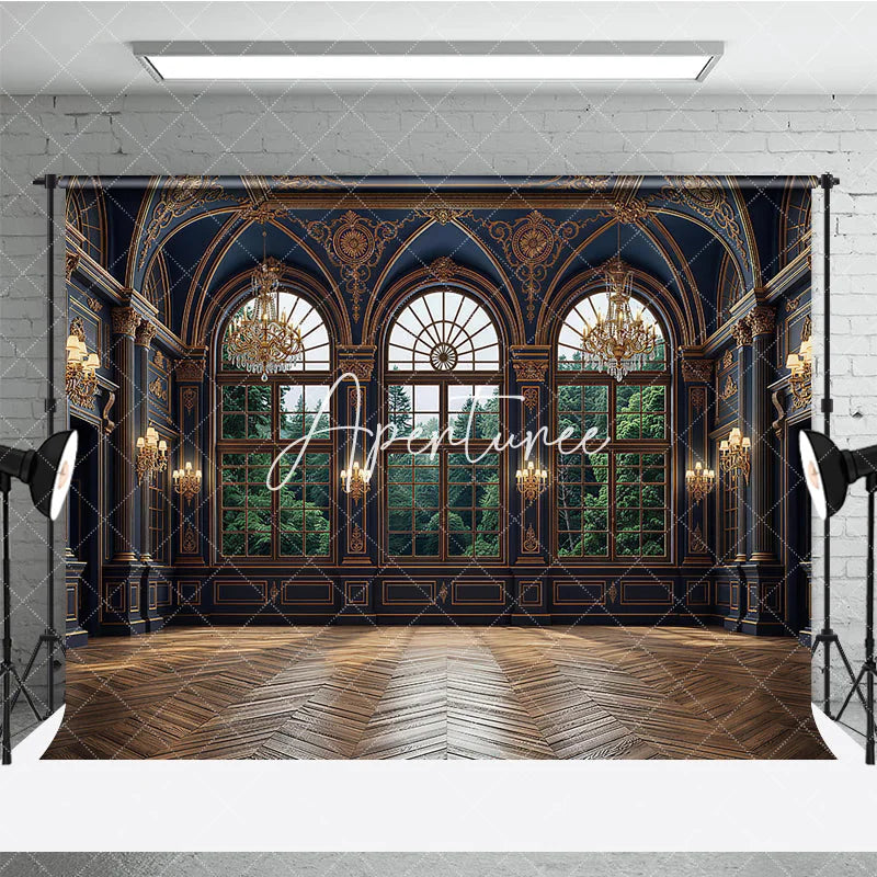 Aperturee - Aperturee Dark Blue and Gold Royal Palace Photography Backdrop with Arched Windows and Forest View Elegant Interior Decor