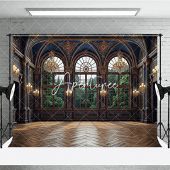 Aperturee - Aperturee Dark Blue and Gold Royal Palace Photography Backdrop with Arched Windows and Forest View Elegant Interior Decor