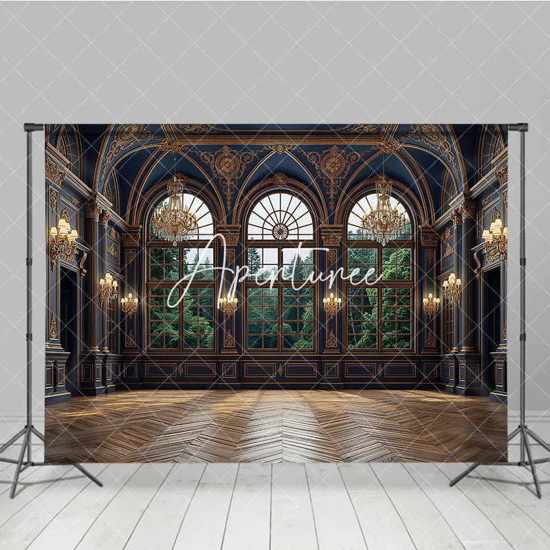Aperturee - Aperturee Dark Blue and Gold Royal Palace Photography Backdrop with Arched Windows and Forest View Elegant Interior Decor