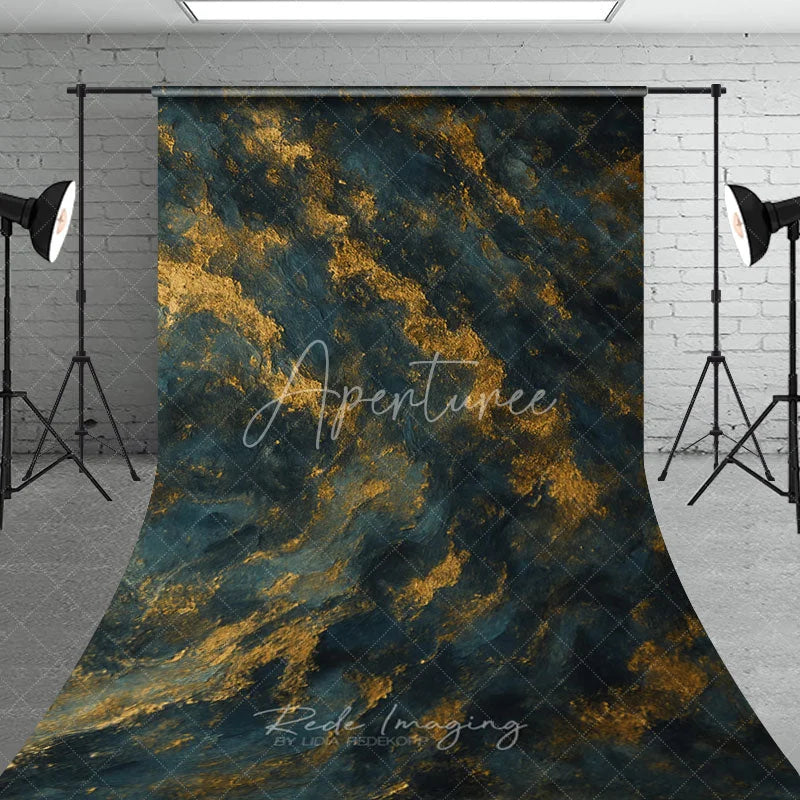 Aperturee - Aperturee Dark Blue and Gold Texture Sweep Backdrop Elegant Abstract Art Photography Background for Portrait