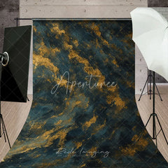 Aperturee - Aperturee Dark Blue and Gold Texture Sweep Backdrop Elegant Abstract Art Photography Background for Portrait