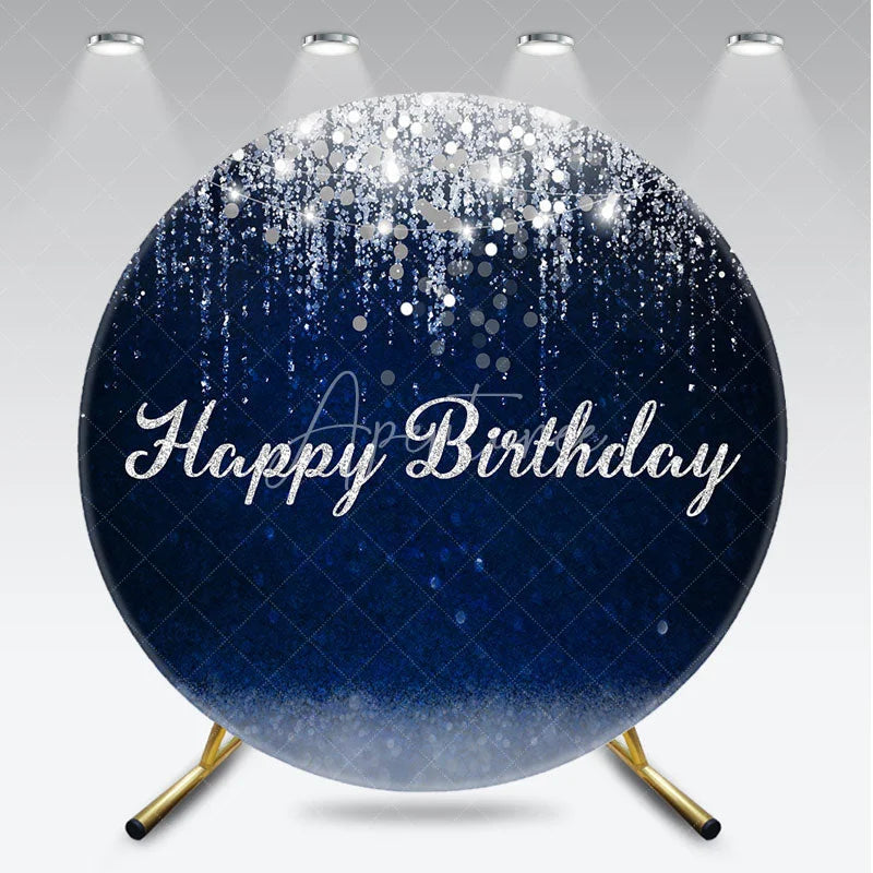 Aperturee - Aperturee Dark Blue and Silver Glitter Happy Birthday Round Backdrop Elegant Sparkling Celebration Party Decor for Photography