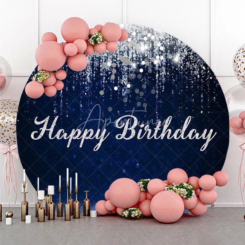 Aperturee - Aperturee Dark Blue and Silver Glitter Happy Birthday Round Backdrop Elegant Sparkling Celebration Party Decor for Photography