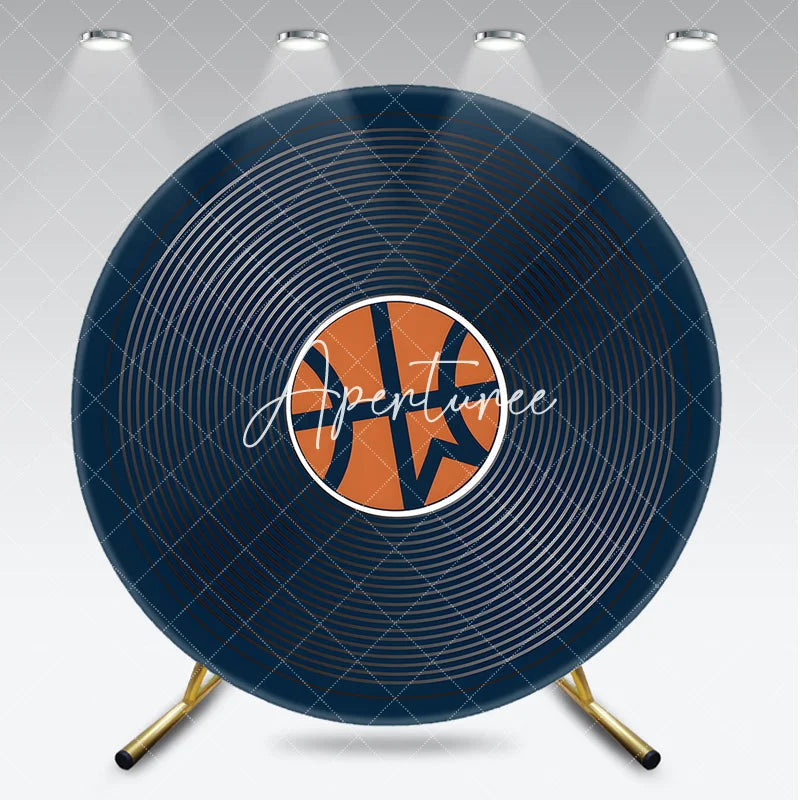 Aperturee - Aperturee Dark Blue Basketball Theme Round Backdrop featuring an Orange Ball and Concentric Circles for Sports Party