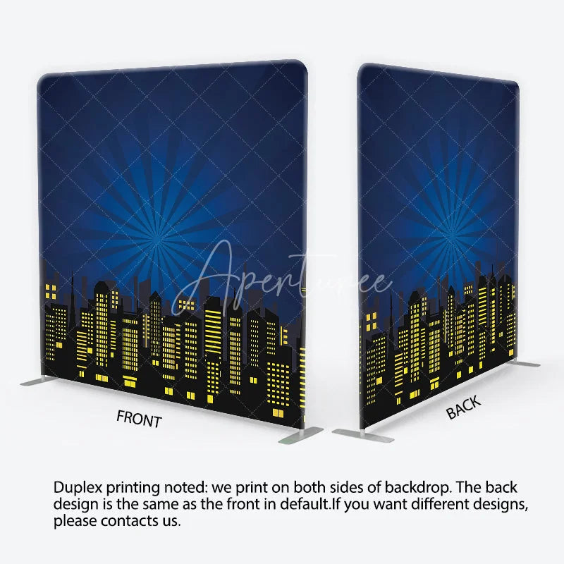 Aperturee - Aperturee Dark Blue City Skyline Square Double-Sided Backdrop with Yellow Illuminated Windows Superhero Theme Party Decor
