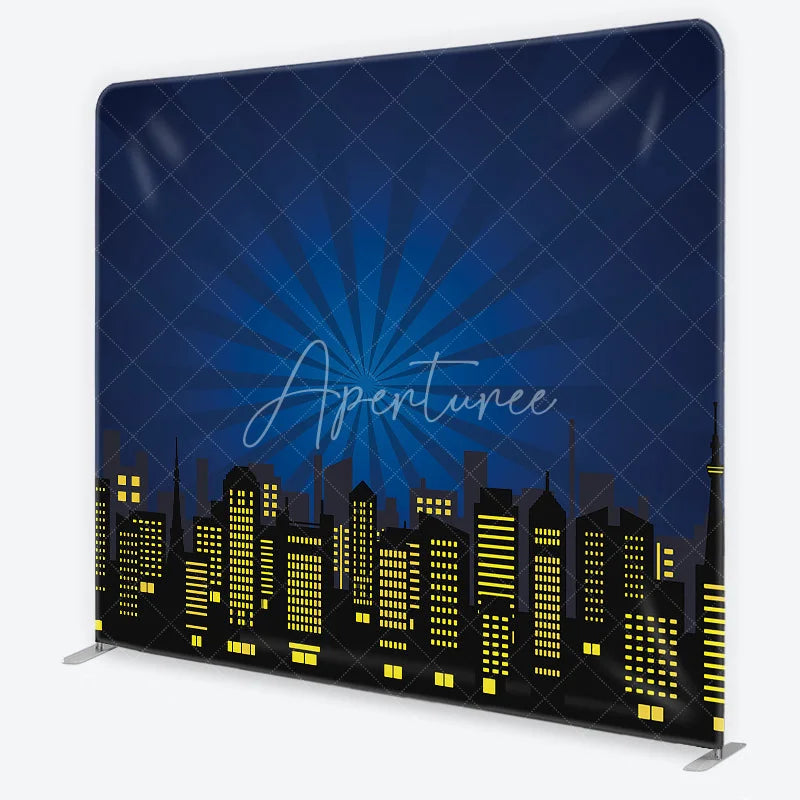 Aperturee - Aperturee Dark Blue City Skyline Square Double-Sided Backdrop with Yellow Illuminated Windows Superhero Theme Party Decor