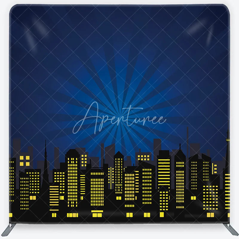 Aperturee - Aperturee Dark Blue City Skyline Square Double-Sided Backdrop with Yellow Illuminated Windows Superhero Theme Party Decor