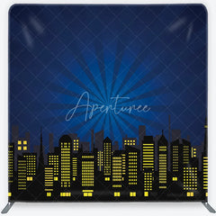Aperturee - Aperturee Dark Blue City Skyline Square Double-Sided Backdrop with Yellow Illuminated Windows Superhero Theme Party Decor