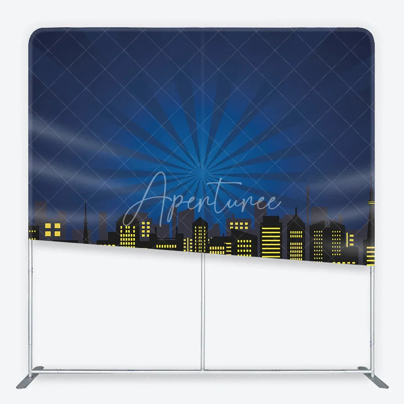 Aperturee - Aperturee Dark Blue City Skyline Square Double-Sided Backdrop with Yellow Illuminated Windows Superhero Theme Party Decor