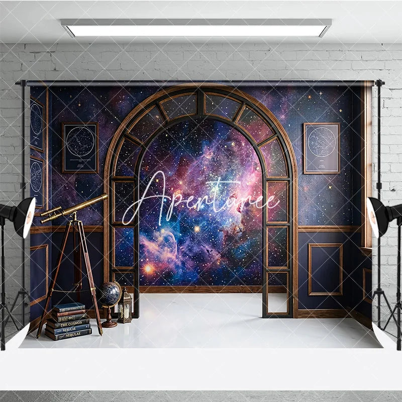 Aperturee - Aperturee Dark Blue Cosmic Galaxy Photography Backdrop Elegant Arched Window with Vintage Telescope and Books