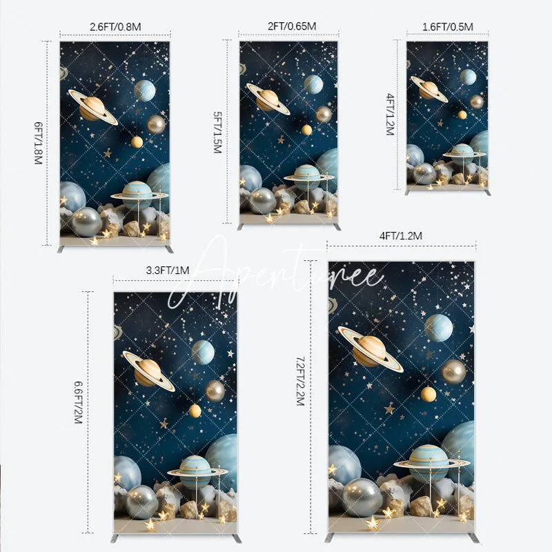 Aperturee - Aperturee Dark Blue Galaxy Outer Space Planets and Stars Rectangle Arch Backdrop Cosmic Birthday Party Decor
