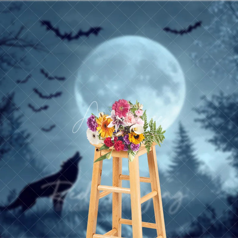 Aperturee - Aperturee Dark Blue Misty Forest Holiday Backdrop with Full Moon Howling Wolf and Flying Bats for Spooky Night Party