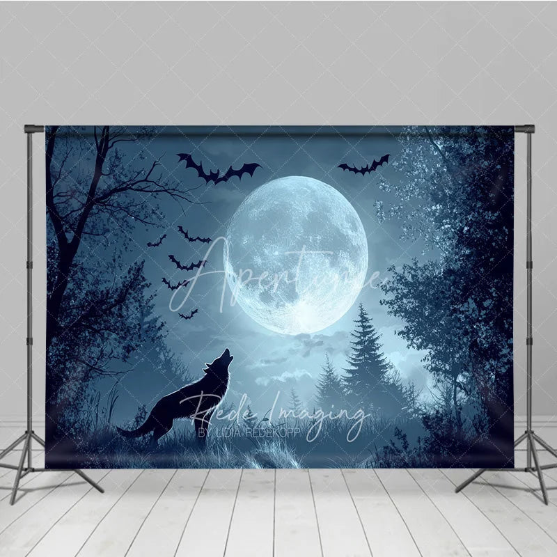 Aperturee - Aperturee Dark Blue Misty Forest Holiday Backdrop with Full Moon Howling Wolf and Flying Bats for Spooky Night Party