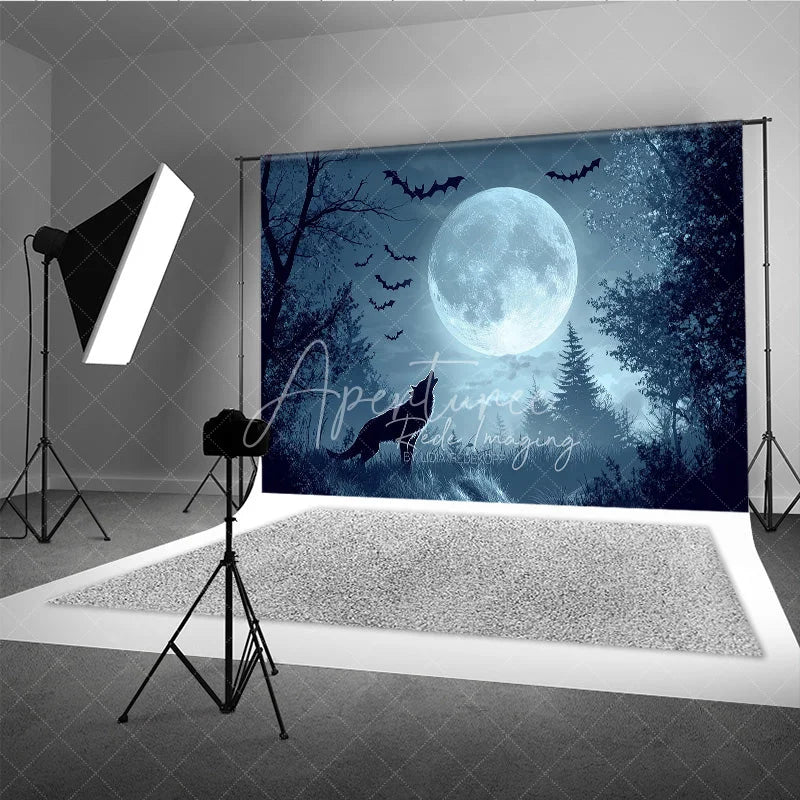 Aperturee - Aperturee Dark Blue Misty Forest Holiday Backdrop with Full Moon Howling Wolf and Flying Bats for Spooky Night Party