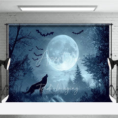 Aperturee - Aperturee Dark Blue Misty Forest Holiday Backdrop with Full Moon Howling Wolf and Flying Bats for Spooky Night Party