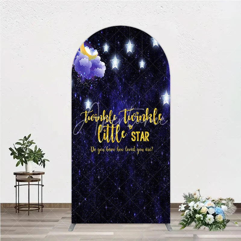 Aperturee - Aperturee Dark Blue Night Sky Twinkle Twinkle Little Star Round Top Arch Backdrop Golden Moon and Stars Baby Shower Party Decor