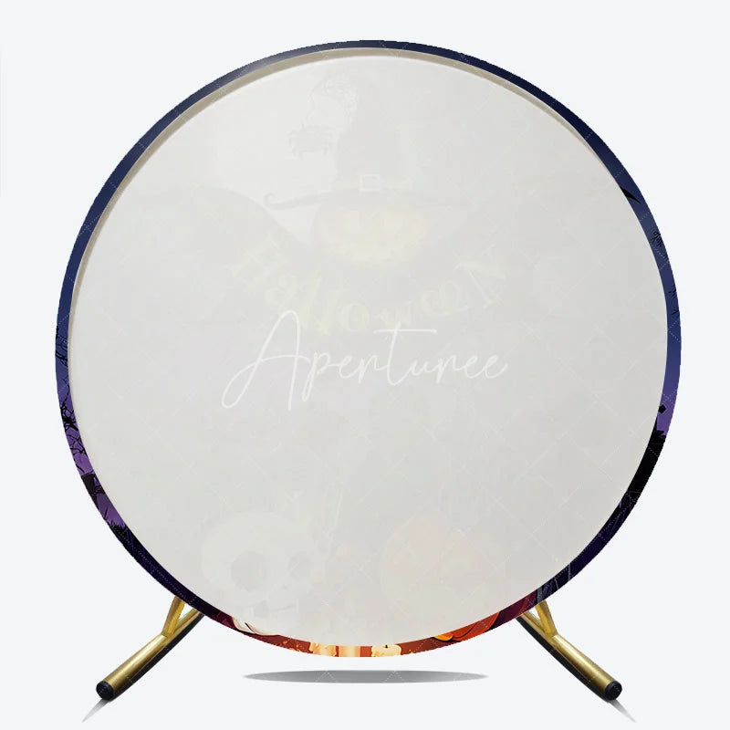 Aperturee - Aperturee Dark Blue Purple Halloween Night Round Backdrop featuring Jack-o-Lantern Witch Hat and Graveyard Scene