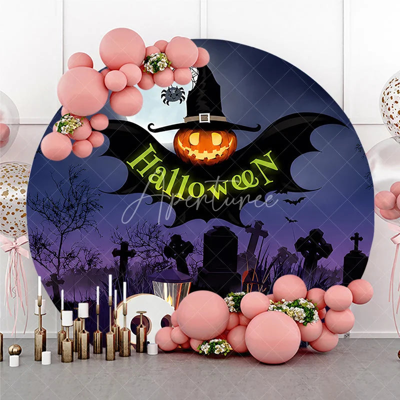 Aperturee - Aperturee Dark Blue Purple Halloween Night Round Backdrop featuring Jack-o-Lantern Witch Hat and Graveyard Scene
