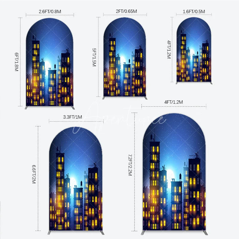 Aperturee - Aperturee Dark Blue Starry Night Cityscape Round Top Arch Backdrop featuring a Full Moon Glowing Windows for Urban Party