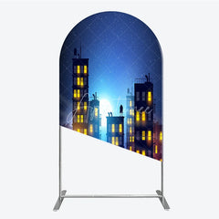 Aperturee - Aperturee Dark Blue Starry Night Cityscape Round Top Arch Backdrop featuring a Full Moon Glowing Windows for Urban Party