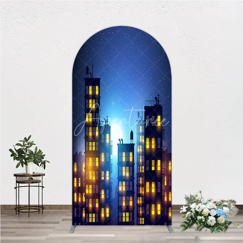 Aperturee - Aperturee Dark Blue Starry Night Cityscape Round Top Arch Backdrop featuring a Full Moon Glowing Windows for Urban Party