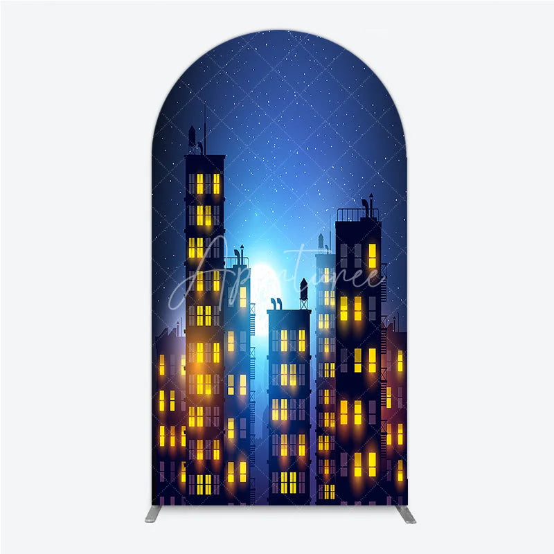 Aperturee - Aperturee Dark Blue Starry Night Cityscape Round Top Arch Backdrop featuring a Full Moon Glowing Windows for Urban Party