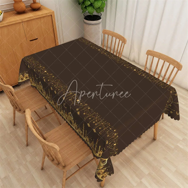 Aperturee - Aperturee Dark Brown and Gold Ramadan Rectangle Tablecloth Glitter Mosque Silhouette Islamic Table Cover