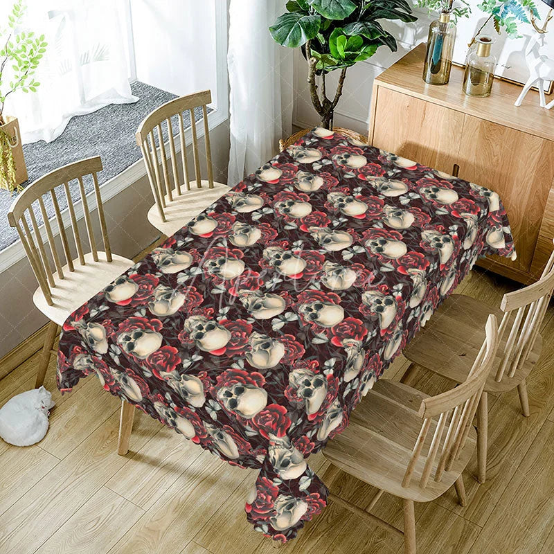 Aperturee - Aperturee Dark Floral Skull Rectangle Tablecloth Dense Skeleton and Rose Pattern Gothic Halloween Dining Decor