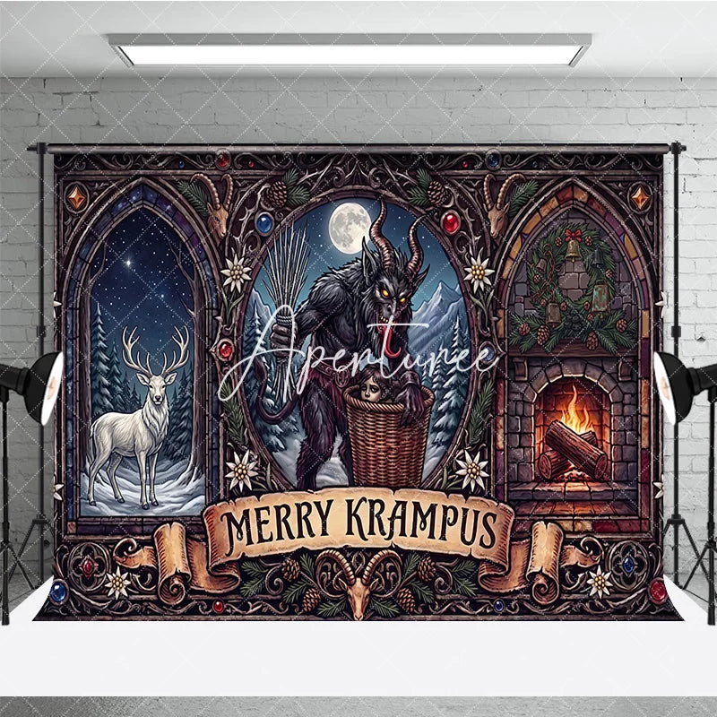 Aperturee - Aperturee Dark Folklore Krampus and Stag with Fireplace Gothic Stained Glass Holiday Backdrop Merry Krampus Winter Celebration