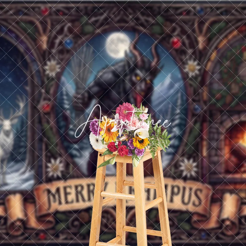 Aperturee - Aperturee Dark Folklore Krampus and Stag with Fireplace Gothic Stained Glass Holiday Backdrop Merry Krampus Winter Celebration