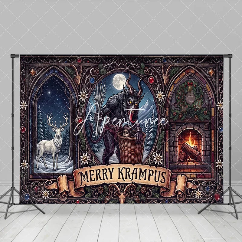 Aperturee - Aperturee Dark Folklore Krampus and Stag with Fireplace Gothic Stained Glass Holiday Backdrop Merry Krampus Winter Celebration