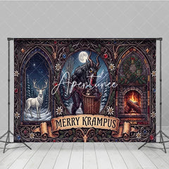 Aperturee - Aperturee Dark Folklore Krampus and Stag with Fireplace Gothic Stained Glass Holiday Backdrop Merry Krampus Winter Celebration