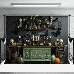 Aperturee - Aperturee Dark Gothic Halloween Backdrop with Skulls Pumpkins and Bats Spooky Candlelit Lanterns and Spiderwebs Decor