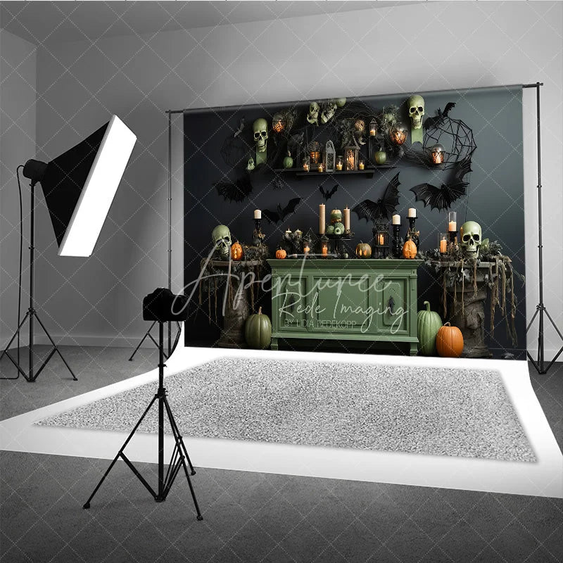 Aperturee - Aperturee Dark Gothic Halloween Backdrop with Skulls Pumpkins and Bats Spooky Candlelit Lanterns and Spiderwebs Decor