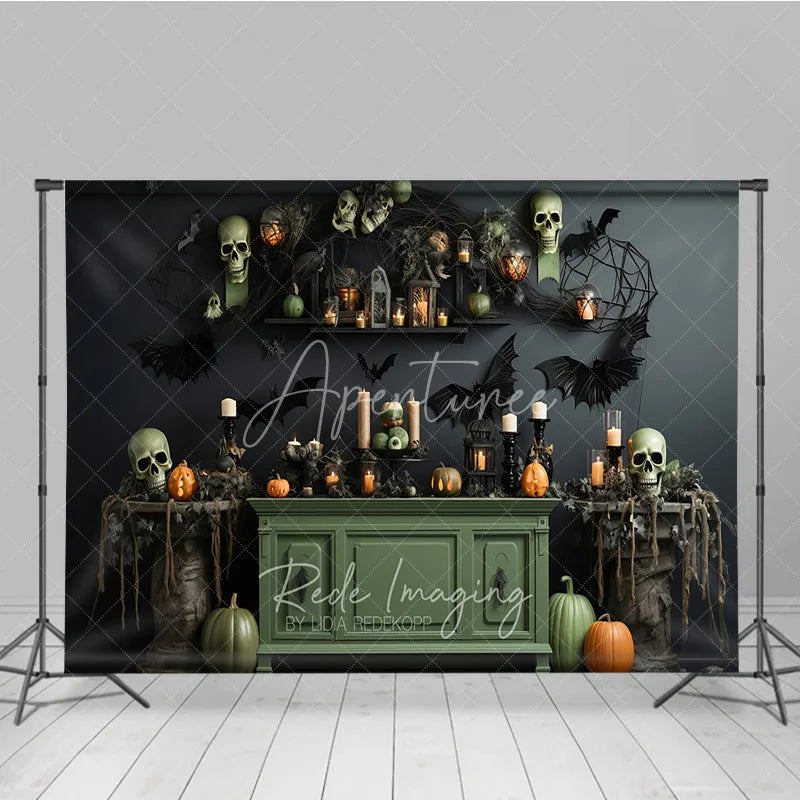 Aperturee - Aperturee Dark Gothic Halloween Backdrop with Skulls Pumpkins and Bats Spooky Candlelit Lanterns and Spiderwebs Decor