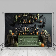 Aperturee - Aperturee Dark Gothic Halloween Backdrop with Skulls Pumpkins and Bats Spooky Candlelit Lanterns and Spiderwebs Decor