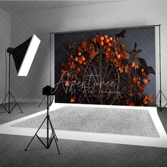 Aperturee - Aperturee Dark Gothic Ornate Metalwork Photography Backdrop with Autumn Leaves Pumpkins and Moths for Fall Halloween