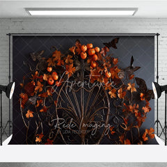 Aperturee - Aperturee Dark Gothic Ornate Metalwork Photography Backdrop with Autumn Leaves Pumpkins and Moths for Fall Halloween