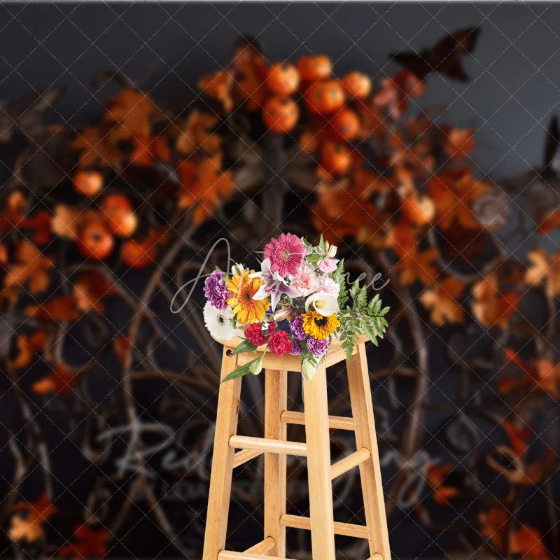Aperturee - Aperturee Dark Gothic Ornate Metalwork Photography Backdrop with Autumn Leaves Pumpkins and Moths for Fall Halloween