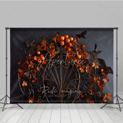Aperturee - Aperturee Dark Gothic Ornate Metalwork Photography Backdrop with Autumn Leaves Pumpkins and Moths for Fall Halloween