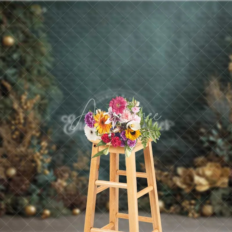 Aperturee - Aperturee Dark Green Christmas Backdrop Gold Ornament Pine Cone Floral Photography Background