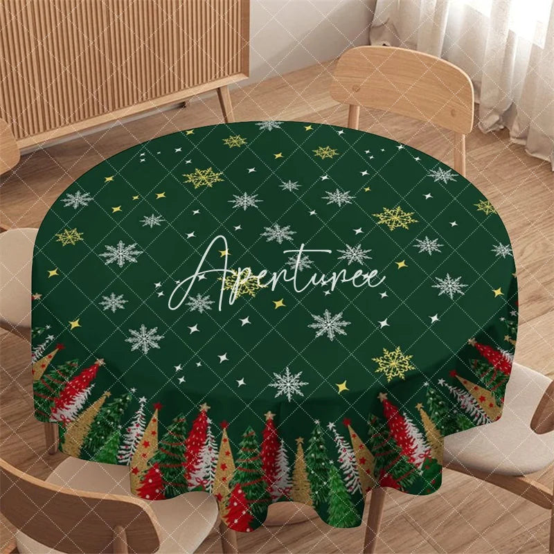 Aperturee - Aperturee Dark Green Christmas Tree and Snowflake Pattern Round Tablecloth Festive Holiday Winter Party Decor