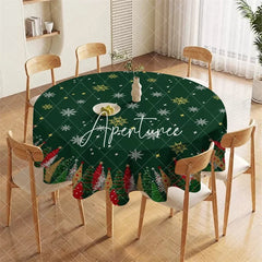 Aperturee - Aperturee Dark Green Christmas Tree and Snowflake Pattern Round Tablecloth Festive Holiday Winter Party Decor